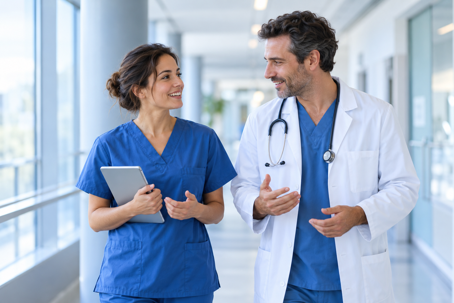 Illustration générée de deux soignants échangeant dans un hôpital lumineux
