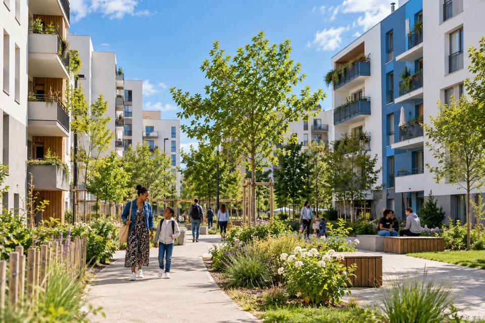 Illustration générée : Un quartier résidentiel rénové avec des espaces verts.