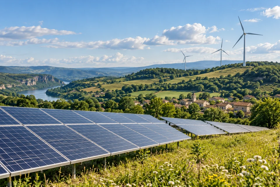 Illustration générée : Des panneaux solaires et des éoliennes dans un paysage rural.
