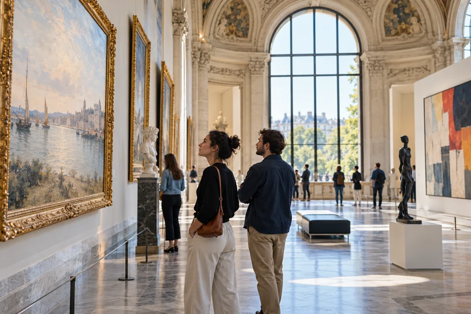 Illustration générée : Des visiteurs découvrent les œuvres d’un musée.