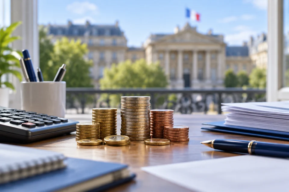 Illustration générée : Des pièces et une calculatrice évoquent les finances publiques.