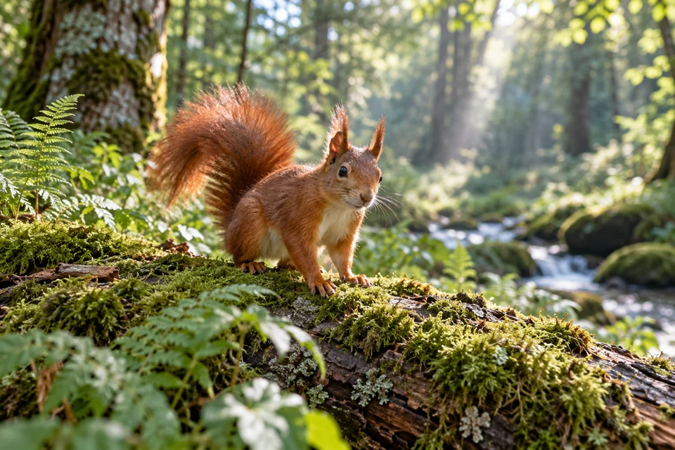 Illustration générée : Un écureuil roux dans son habitat forestier.