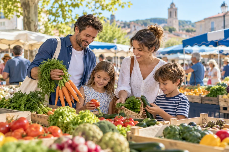 Illustration générée : Une famille fait ses courses sur un marché.