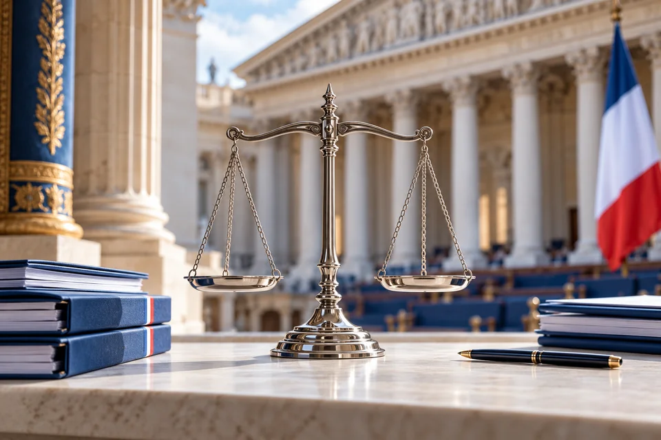 Illustration générée : une balance de justice devant des colonnes républicaines et un drapeau français.