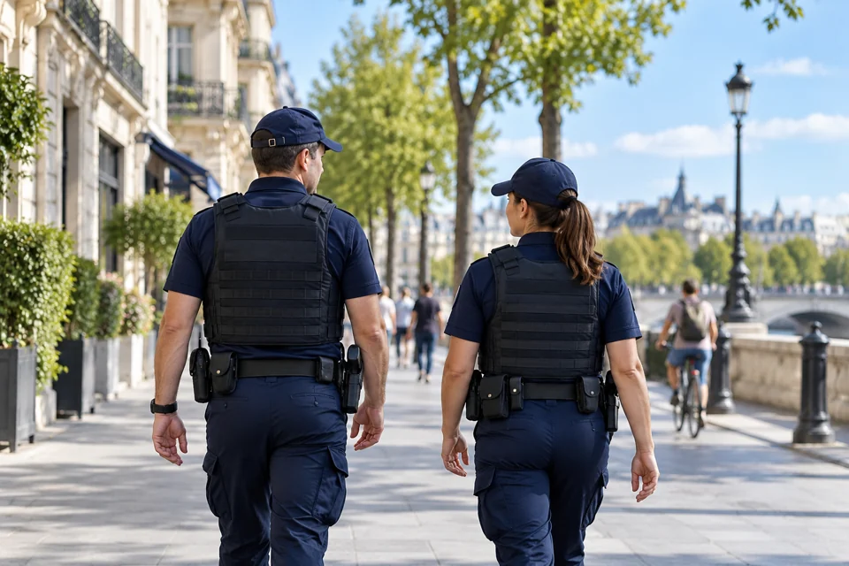 Illustration générée : Deux policiers patrouillent dans une rue en journée.